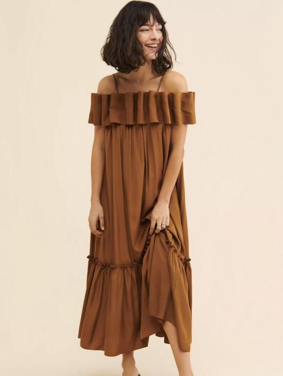 Mare Mare Dresses & Skirts - Mare Mare by Anthropologie Brown Off-The-Shoulder Structure Dress - Size - Large